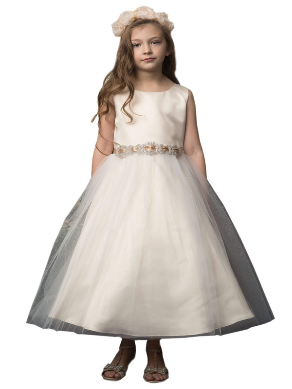 Petite Adele Little Girls Champagne Rhinestone Belt Tulle Skirt Satin Dress 2-6 - SophiasStyle.com